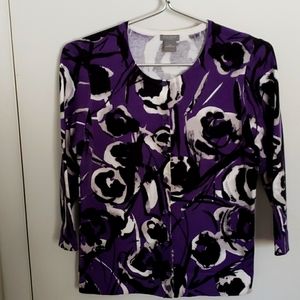 Ann Taylor Sweater-Cardigan.Deep Purple/Cream/Black.Med.Pet.Excellent Condition